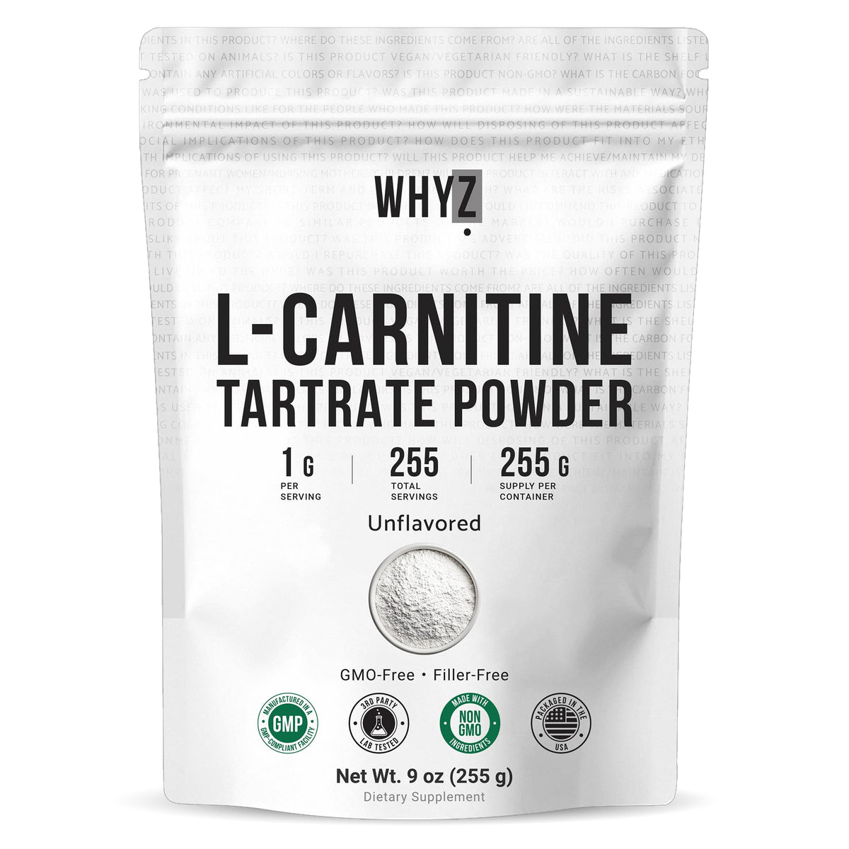 WHYZ L-Carnitine Tartrate Powder bottle, neutral flavor for easy daily use.