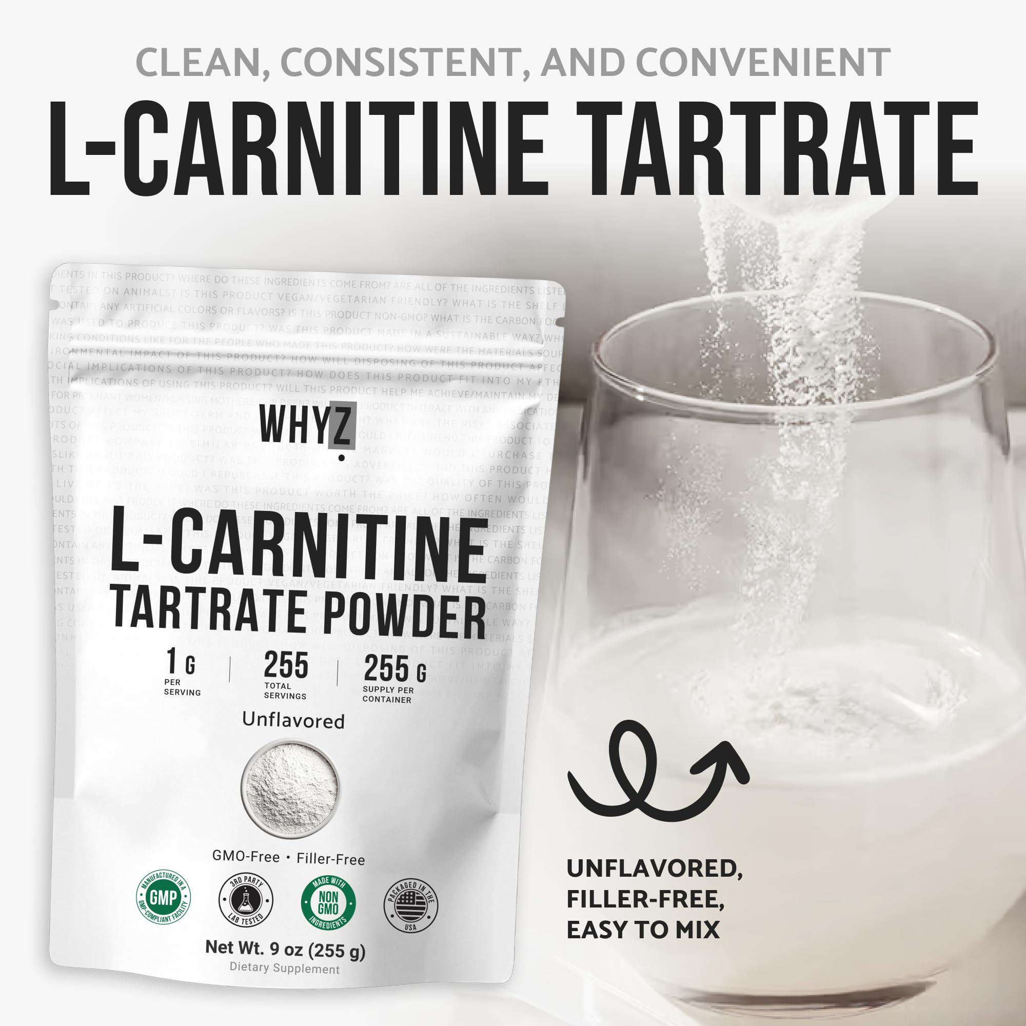 WHYZ L-Carnitine Tartrate Powder jar front highlights clean-label, no-GMO, no-additives.