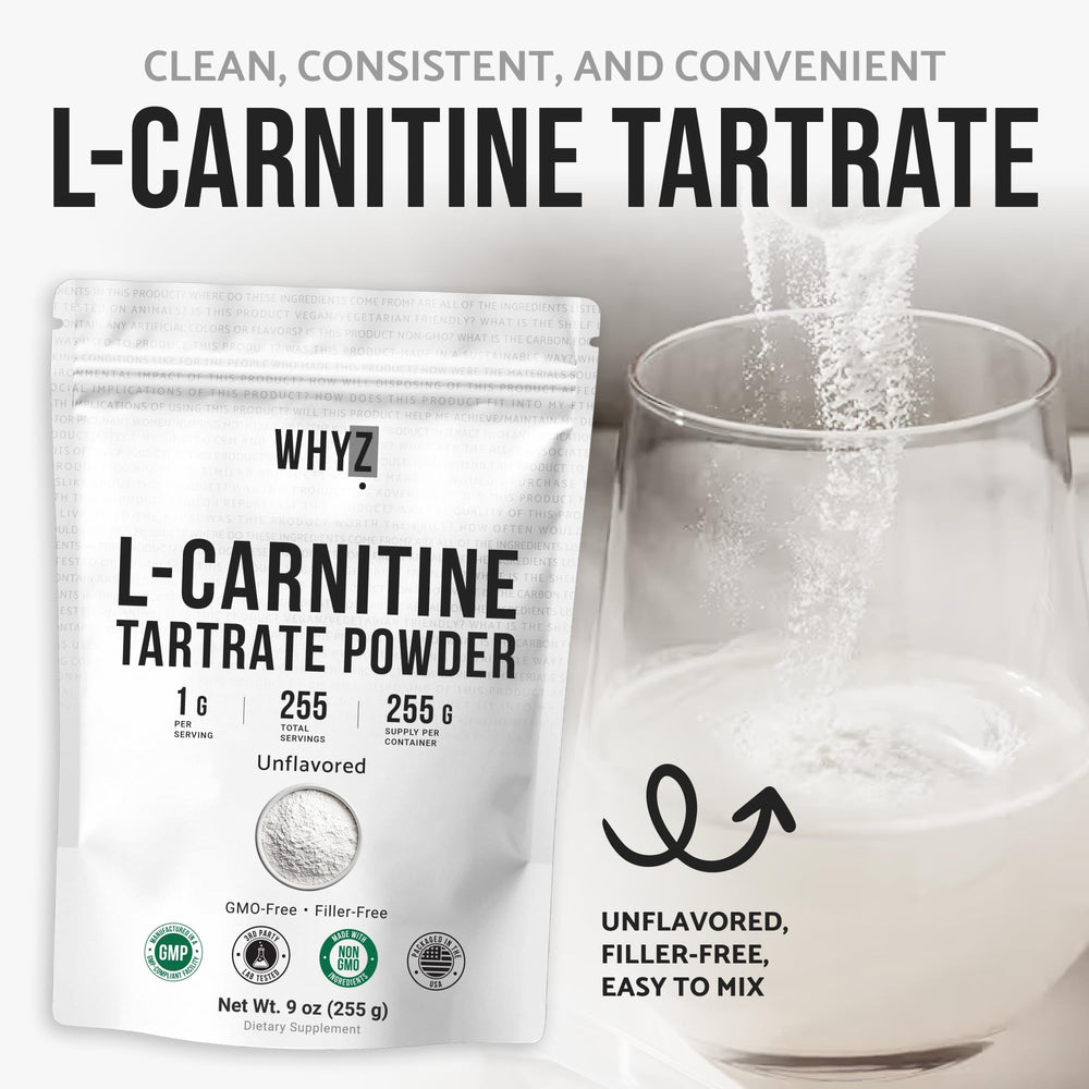 WHYZ L-Carnitine Tartrate Powder jar front highlights clean-label, no-GMO, no-additives.