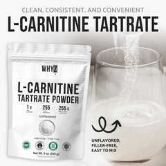 WHYZ L-Carnitine Tartrate Powder jar front highlights clean-label, no-GMO, no-additives.