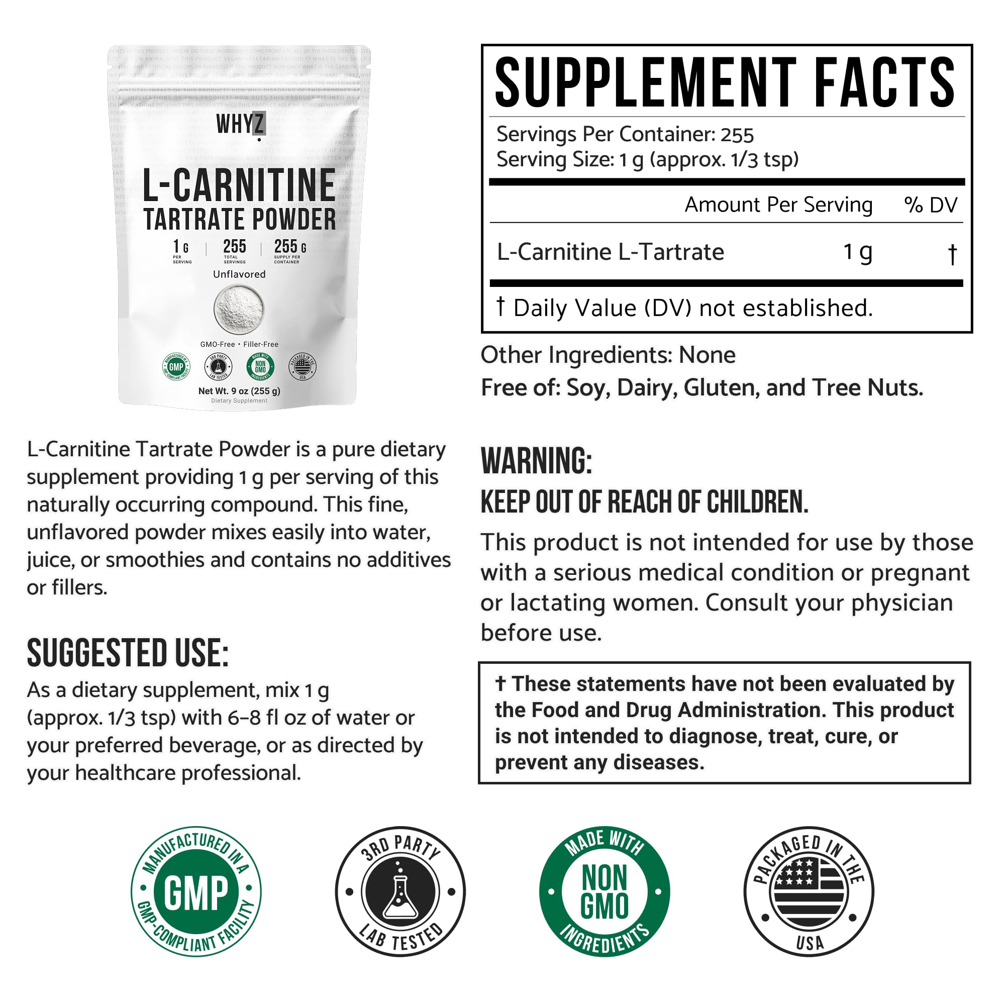 WHYZ L-Carnitine Tartrate Powder scoop shows precise dosing for consistent routines.
