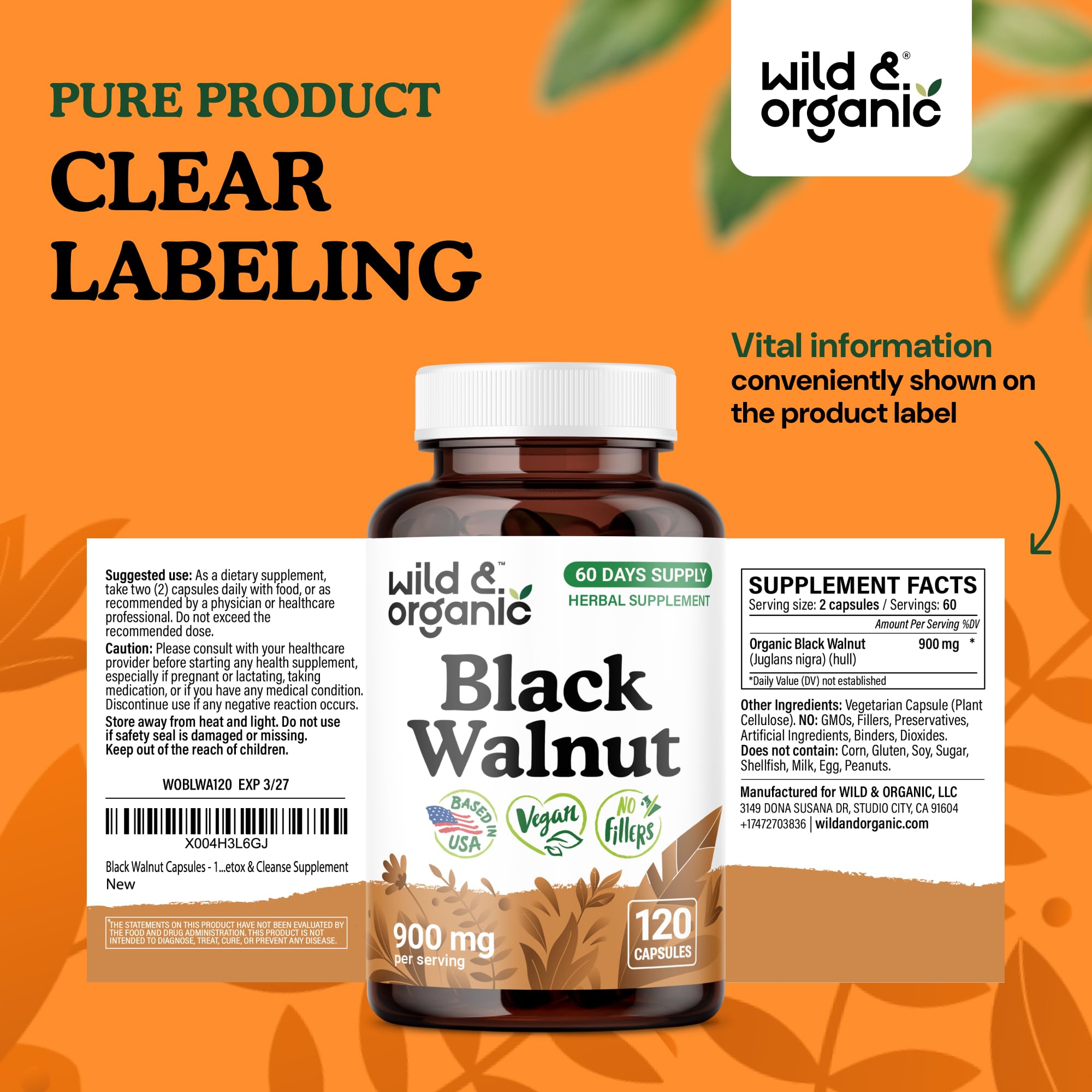 Wild and Organic 120 capsules bottle front label shows generous 60-day supply
