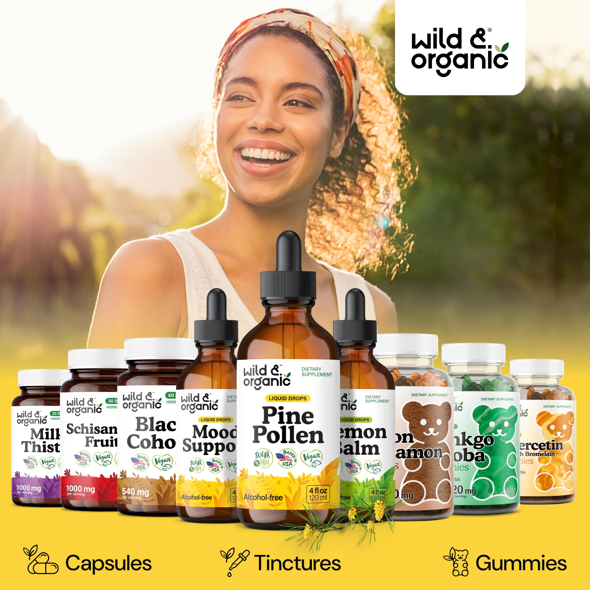 Wild & Organic Alcohol-Free tincture bottle emphasizing glycerin base