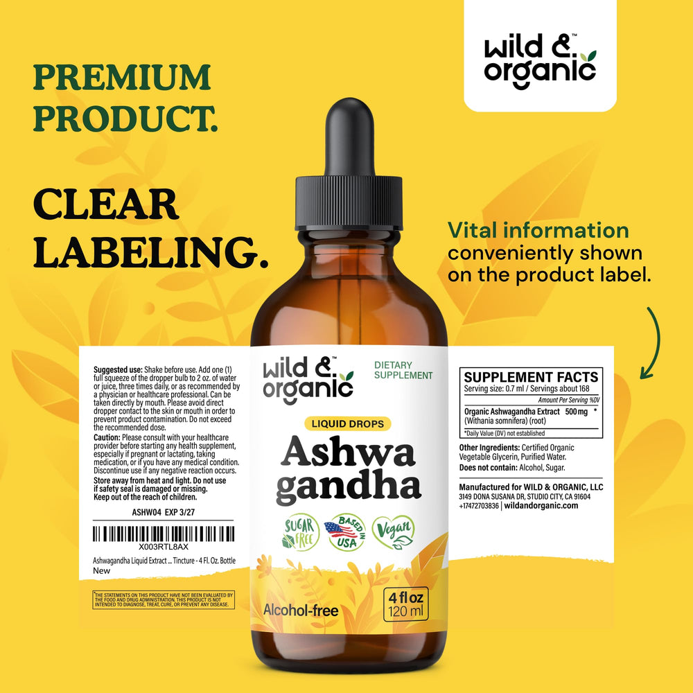 Wild and Organic Ashwagandha Drops 56 day supply shown with bottle