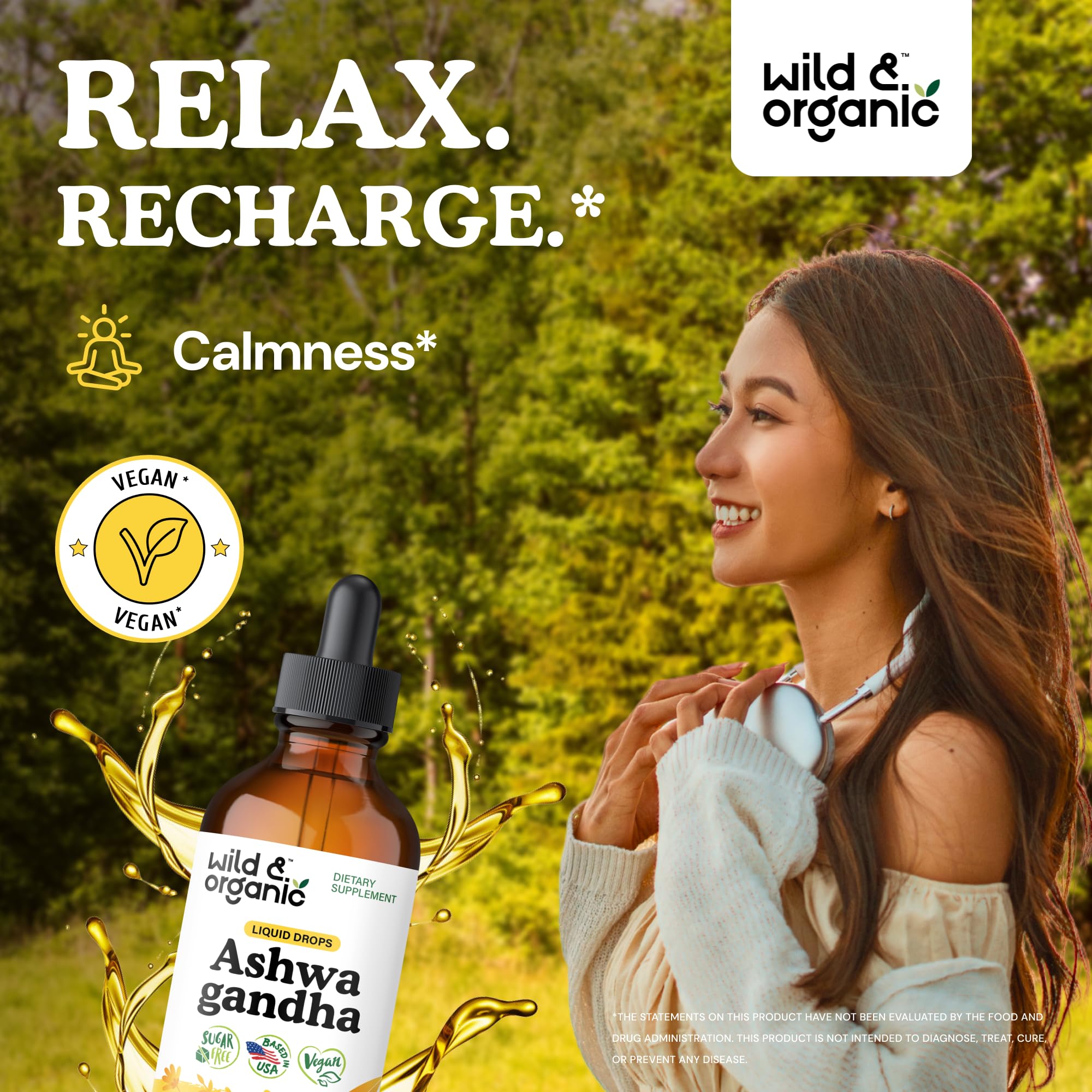 Wild and Organic Ashwagandha Drops dropper releasing drops into tea for easy use.