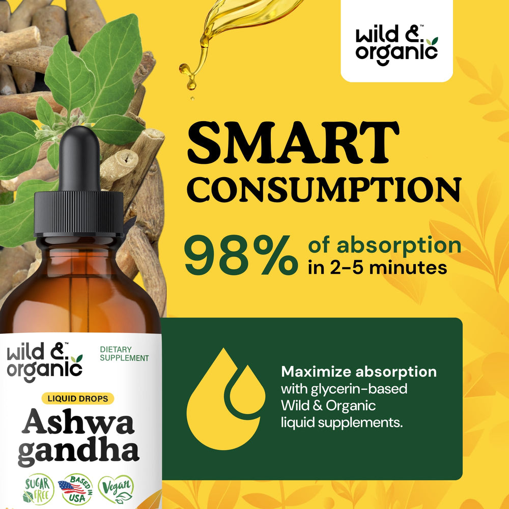 Wild and Organic Ashwagandha Drops tincture showing natural sweetness from glycerin.