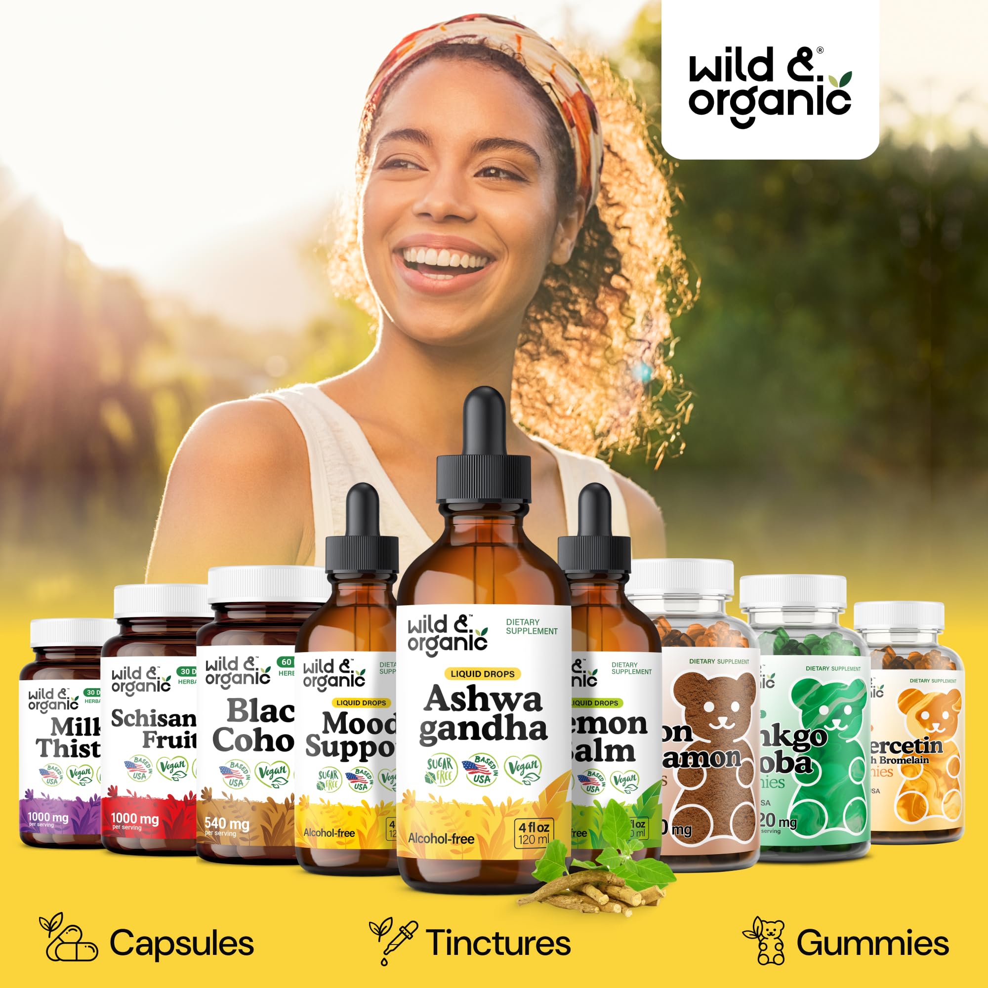 Wild and Organic Ashwagandha Drops vegan non-GMO formula highlighted on the label.