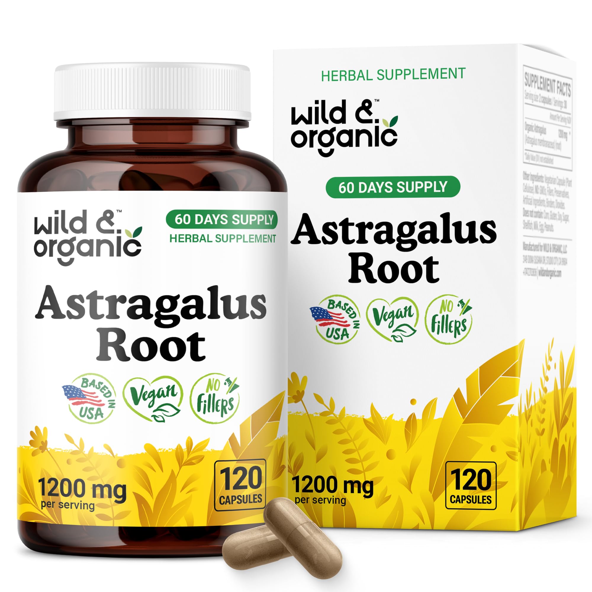 Wild & Organic Astragalus Capsules bottle shows 1200 mg immune support formula