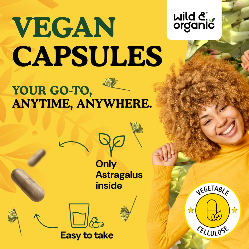 Wild & Organic Astragalus Capsules vegan logo confirms plant-based formula