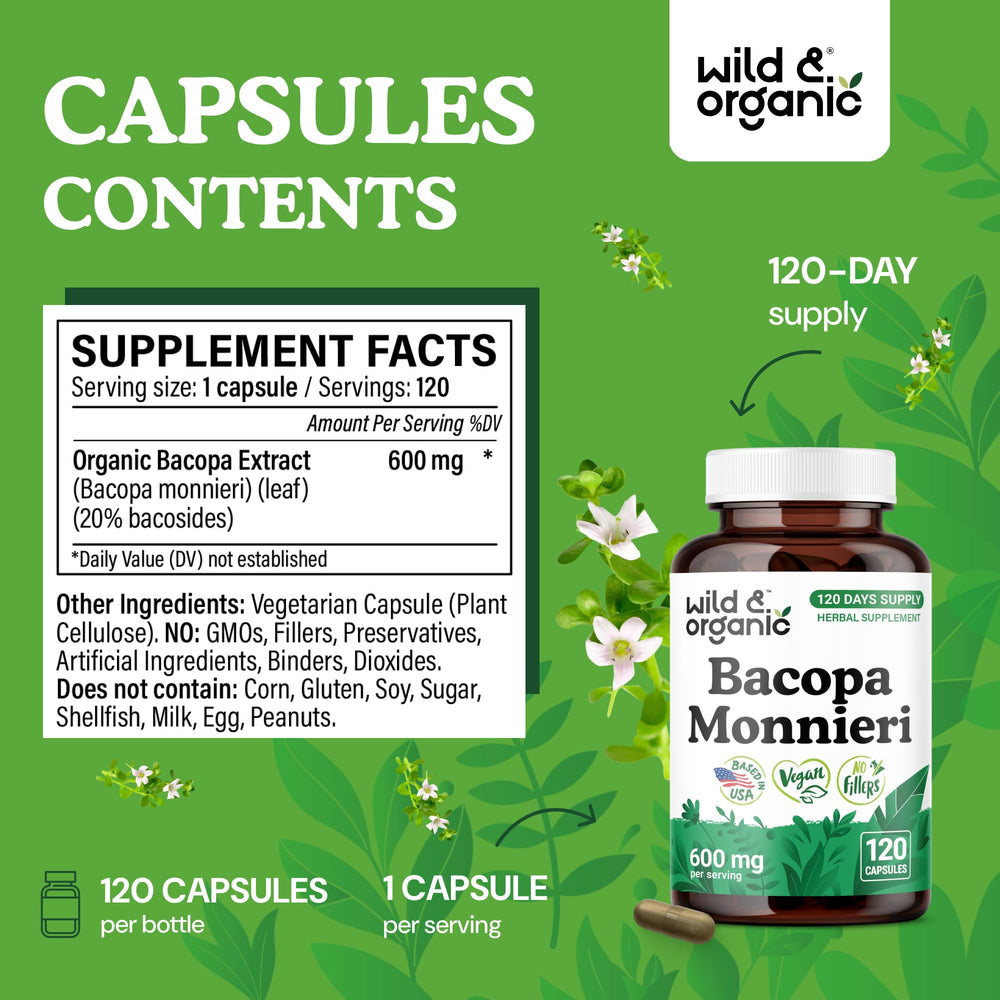 Close-up of Wild & Organic Bacopa capsules, smooth and easy-to-take design.