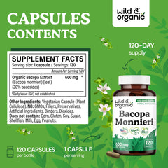 Close-up of Wild & Organic Bacopa capsules, smooth and easy-to-take design.