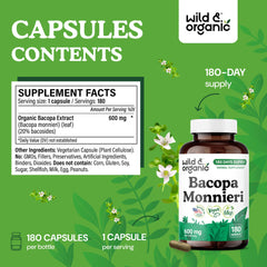 Wild & Organic Bacopa Monnieri capsules bottle back label reveals vegan, non GMO formula