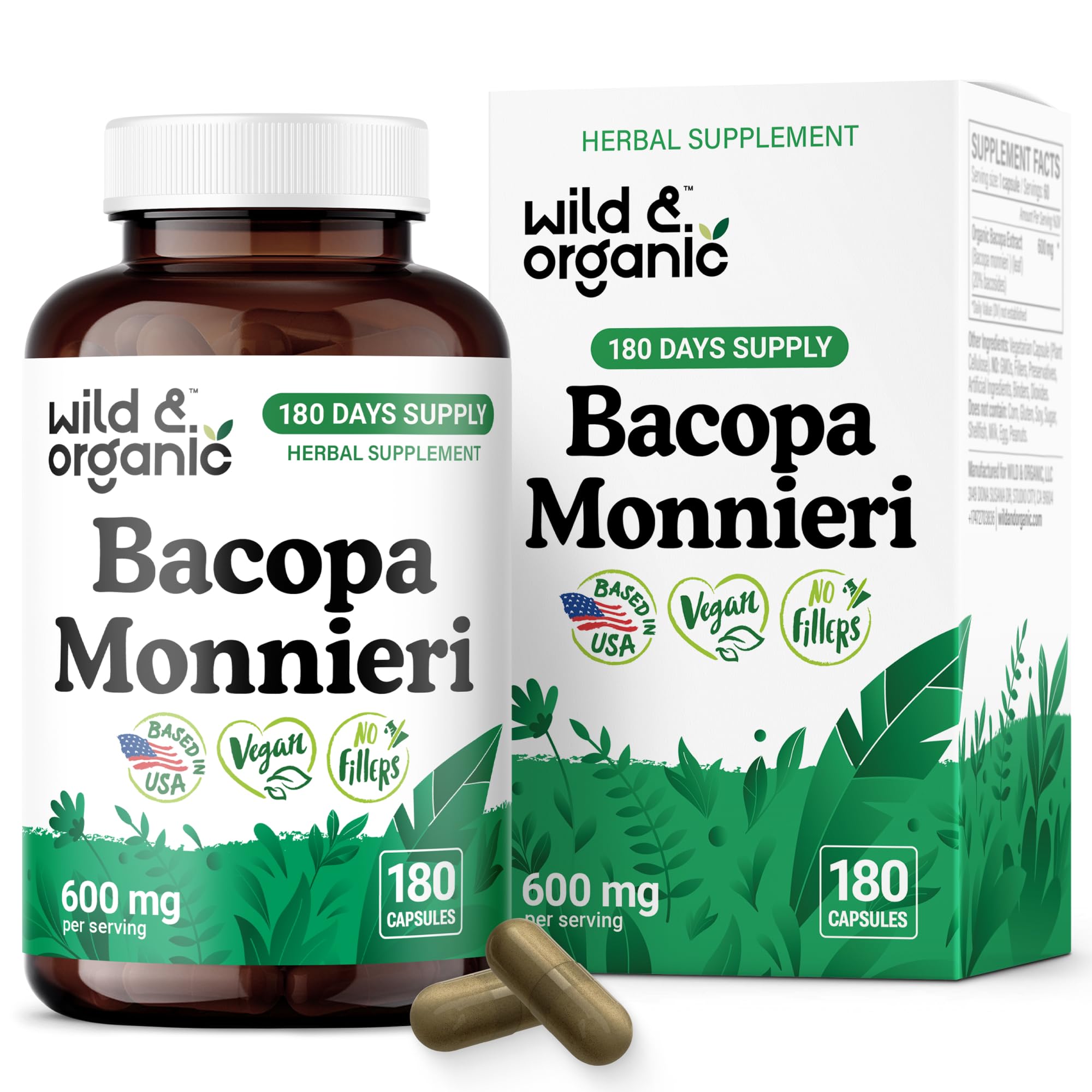 Wild & Organic Bacopa Monnieri capsules bottle front for daily brain support