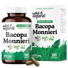 Wild & Organic Bacopa Monnieri capsules bottle front for daily brain support