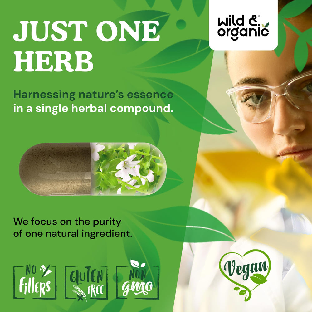 Wild & Organic Bacopa Monnieri capsules ingredient panel highlights plant-based coating