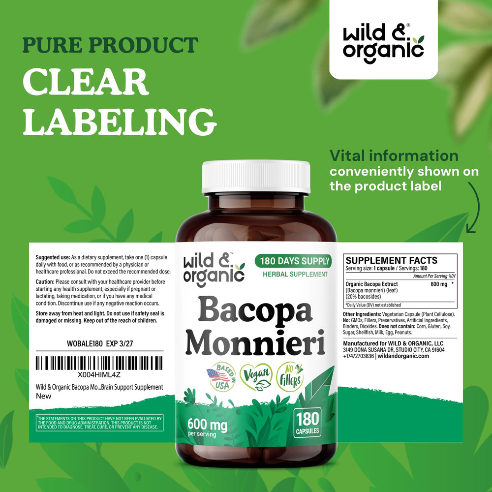 Wild & Organic Bacopa Monnieri vegan symbol on capsule packaging