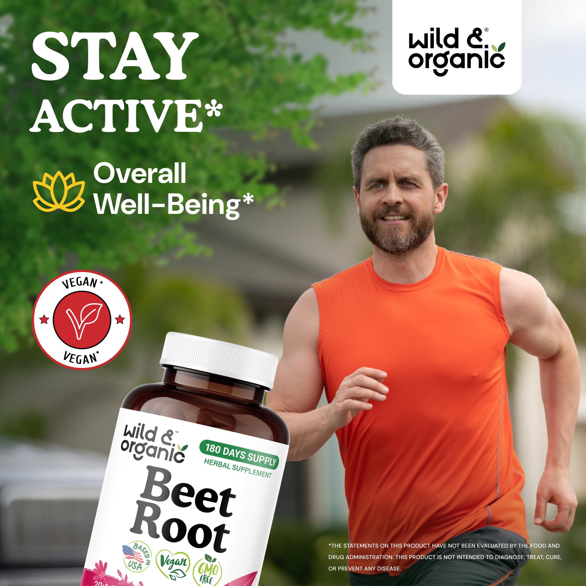Close-up of Wild & Organic beet root capsules highlighting plant-based formula.