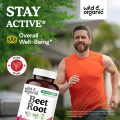 Close-up of Wild & Organic beet root capsules highlighting plant-based formula.