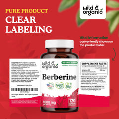 Wild & Organic berberine capsules label back with ingredients and vegan notes