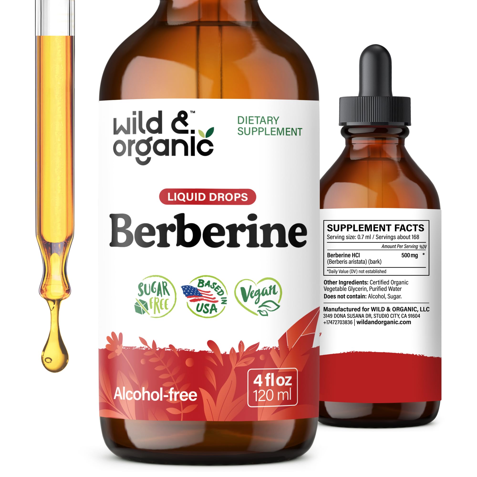 Wild & Organic Berberine Drops bottle front showing vegan, alcohol-free tincture for daily wellness