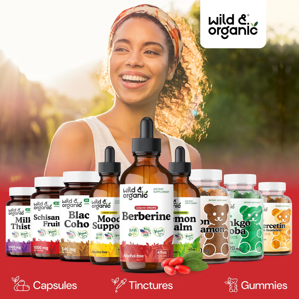 Wild & Organic Berberine Drops ingredients panel featuring vegan formulation