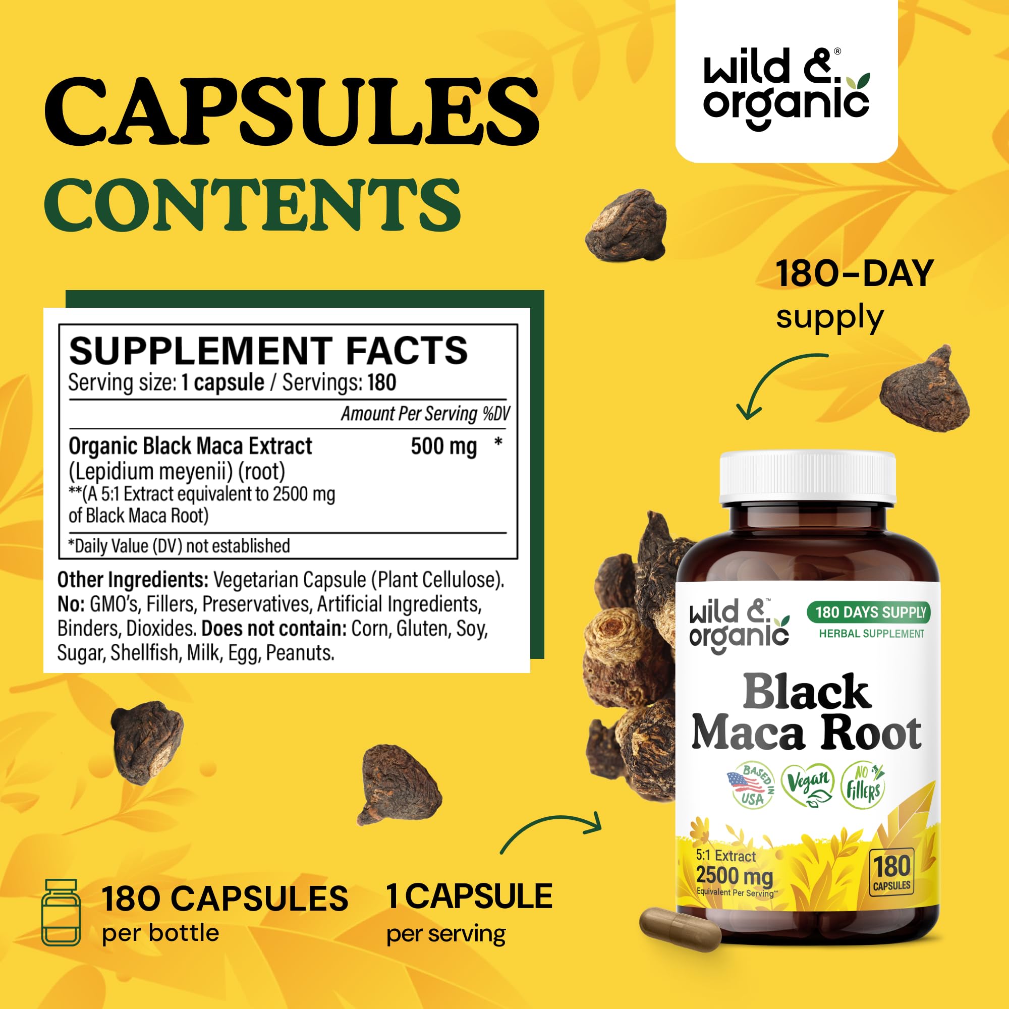 Wild & Organic black maca root capsules label highlighting vegan, non-GMO formula.