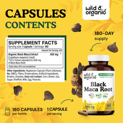 Wild & Organic black maca root capsules label highlighting vegan, non-GMO formula.