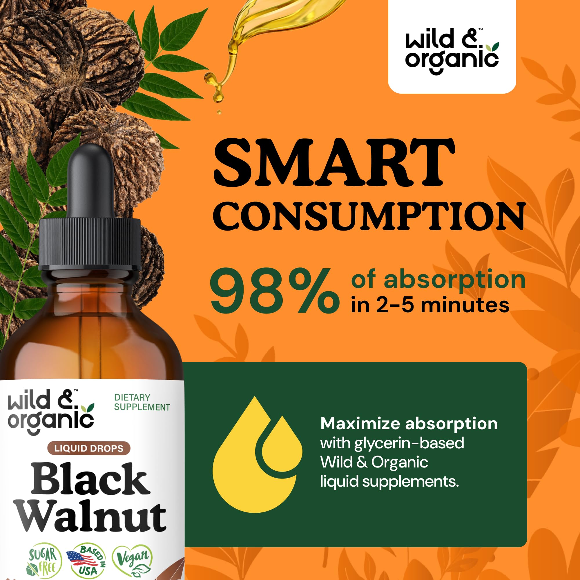 Wild and Organic Black Walnut Tincture dropper image conveys easy dosing and glycerin base.