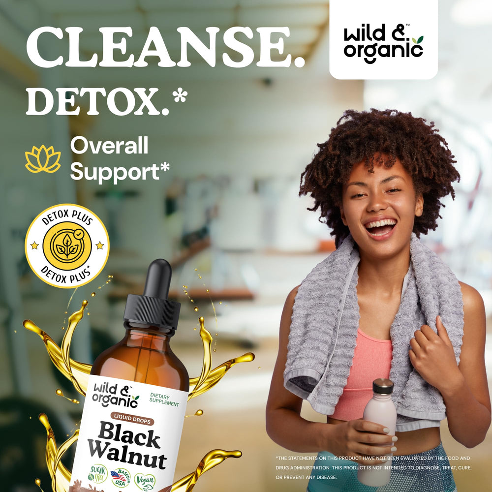 Wild and Organic Black Walnut Tincture drops pouring highlights convenient, alcohol-free detox option.