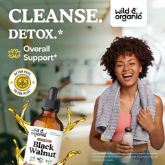 Wild and Organic Black Walnut Tincture drops pouring highlights convenient, alcohol-free detox option.