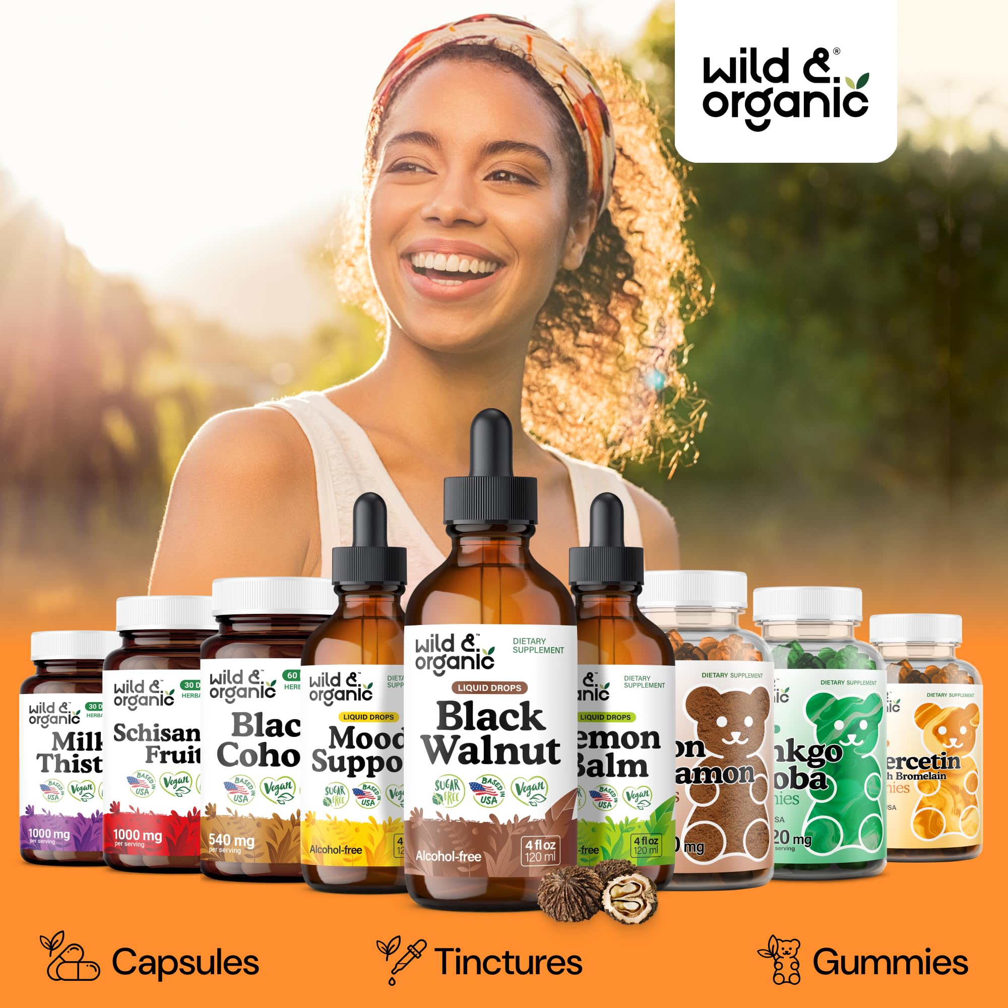 Wild and Organic Tincture label on bottle communicates vegan, sugar-free, and alcohol-free formulation.