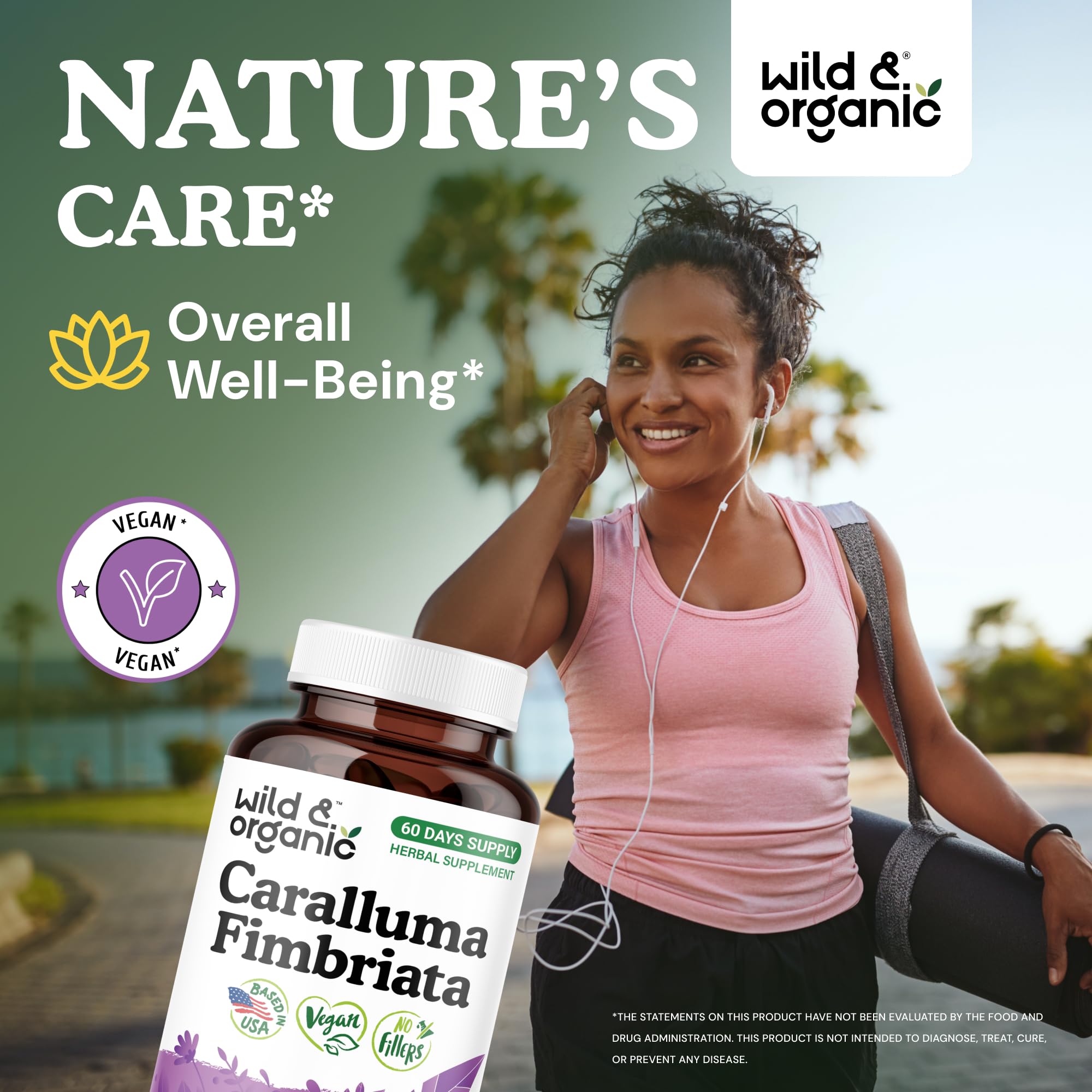 Close-up of Wild & Organic Caralluma Fimbriata capsules for daily use.