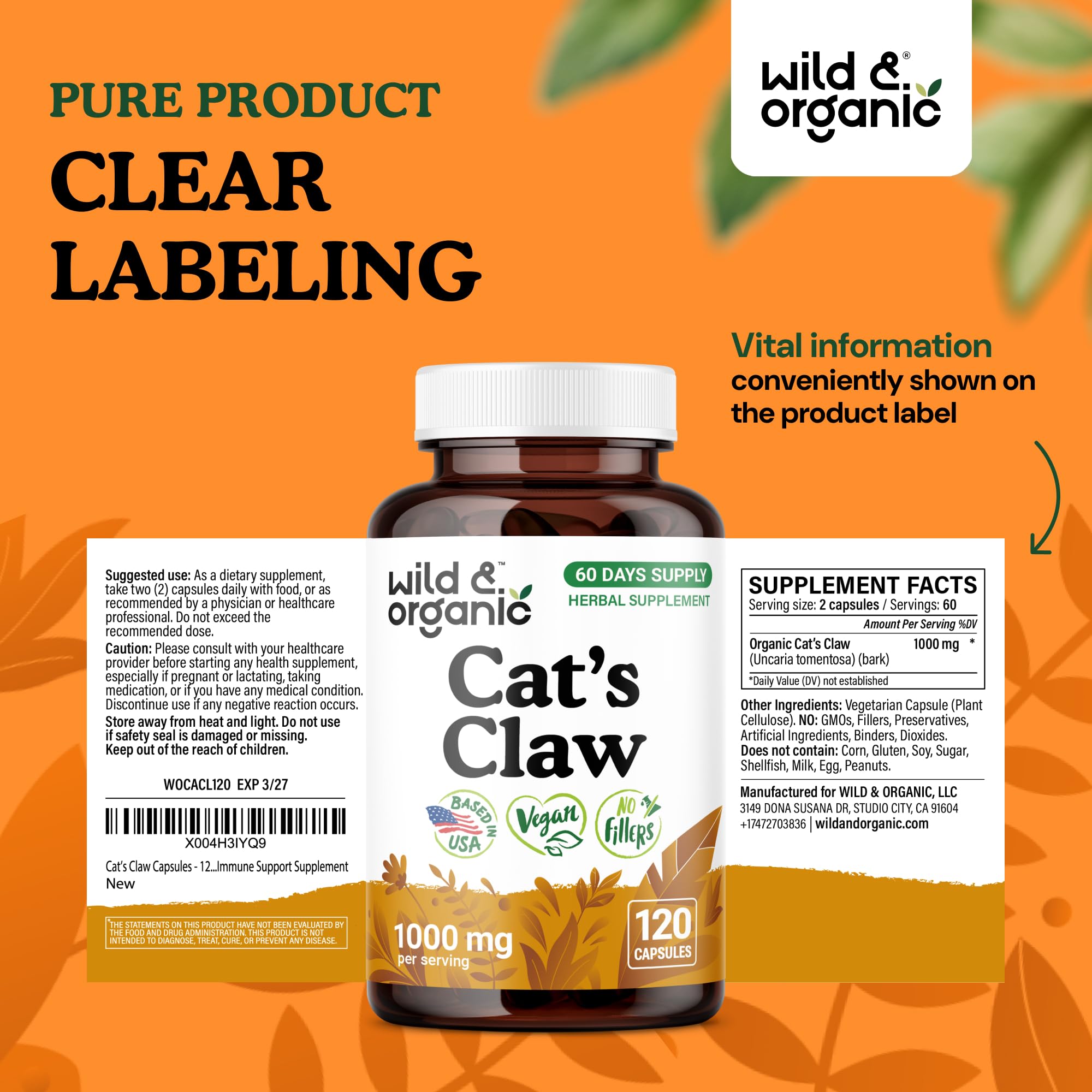 Front view of Wild & Organic cat claw bottle ready for use
