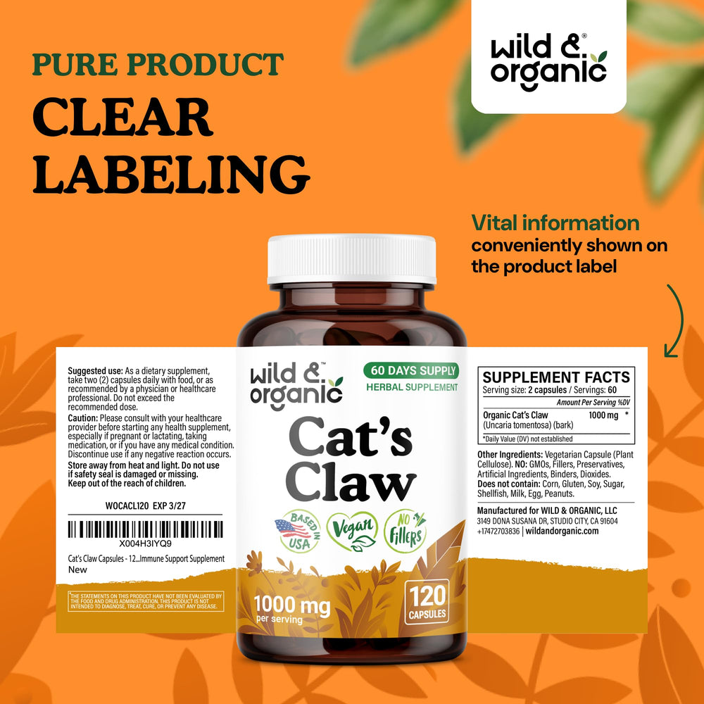 Front view of Wild & Organic cat claw bottle ready for use