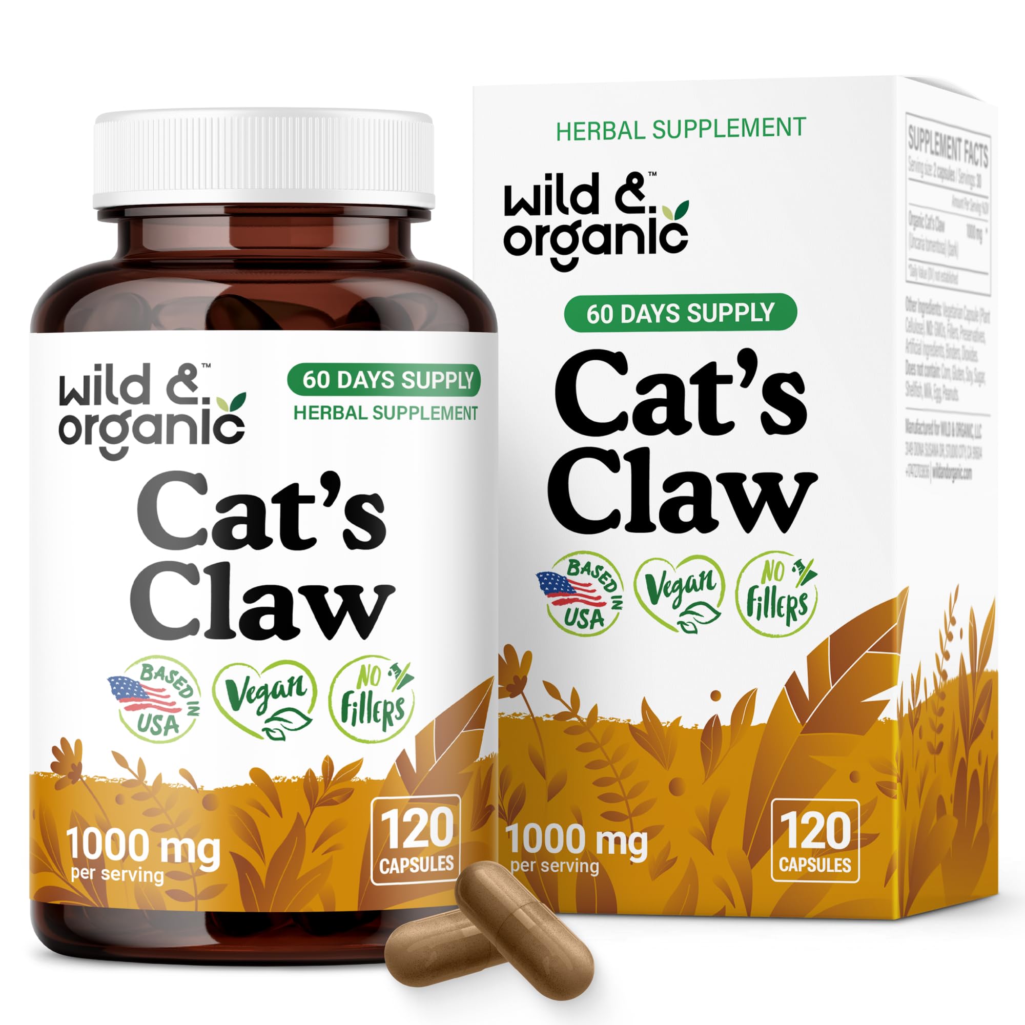 Wild & Organic cat claw capsules in bottle for immune support