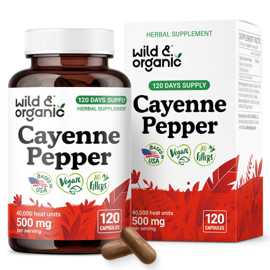 Wild & Organic cayenne capsules bottle front for digestive support