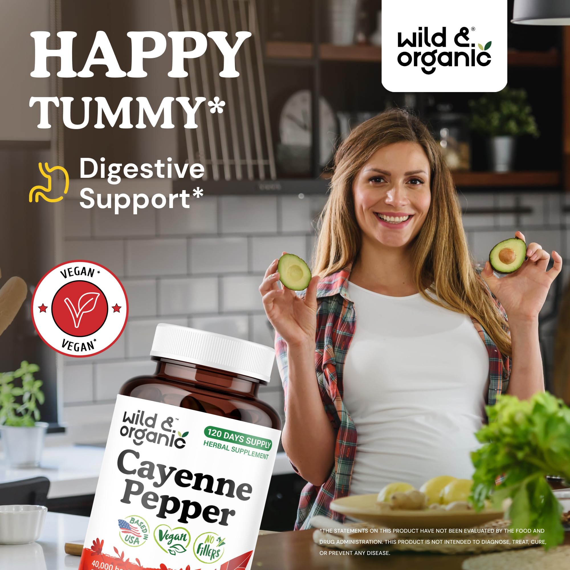 Wild & Organic cayenne capsules closeup showing 500 mg capsules