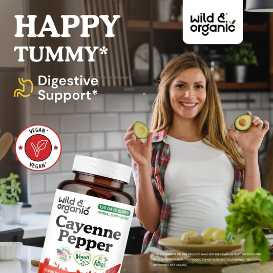 Wild & Organic cayenne capsules closeup showing 500 mg capsules