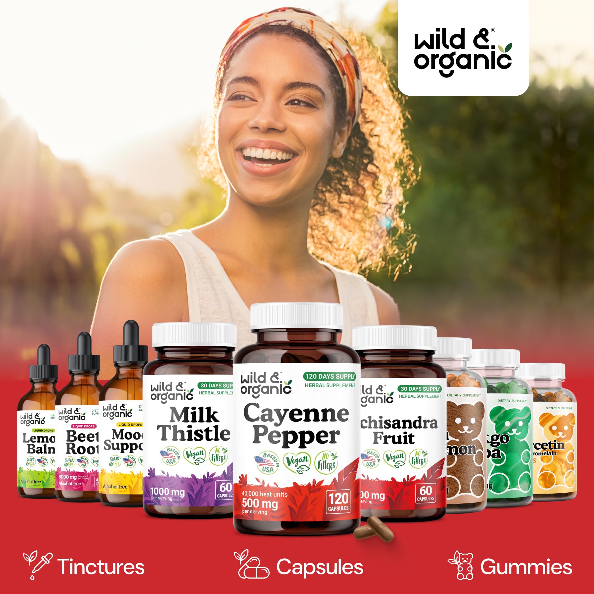 Wild & Organic cayenne capsules packaging illustrating 120-day supply