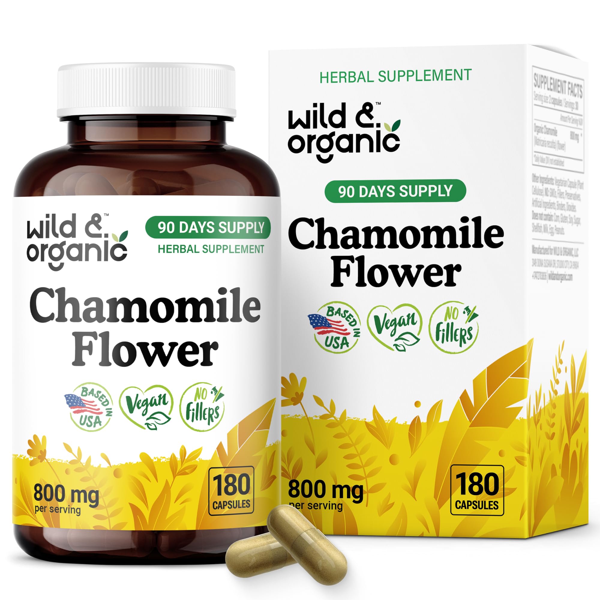Wild & Organic Chamomile Extract Capsules bottle-front suggests relaxation-friendly nightly routine.