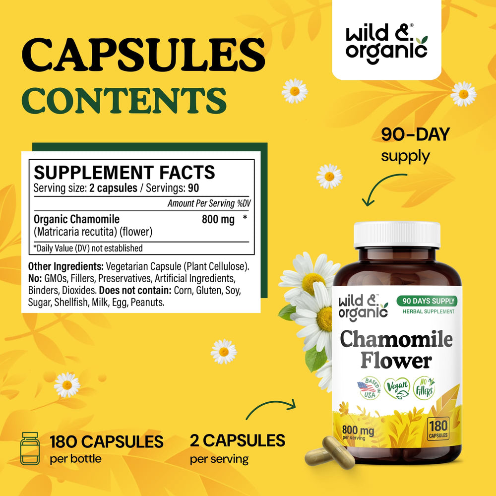Wild & Organic Chamomile Extract Capsules capsules-closeup emphasizes an easy-to-swallow design.
