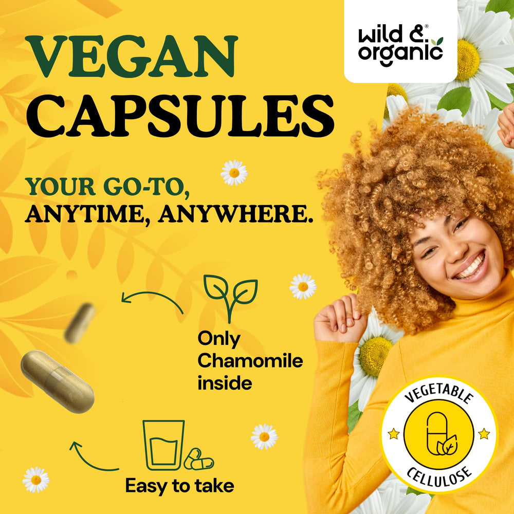 The ingredients label on Wild & Organic Chamomile Extract Capsules highlights 800 mg per serving.