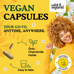The ingredients label on Wild & Organic Chamomile Extract Capsules highlights 800 mg per serving.