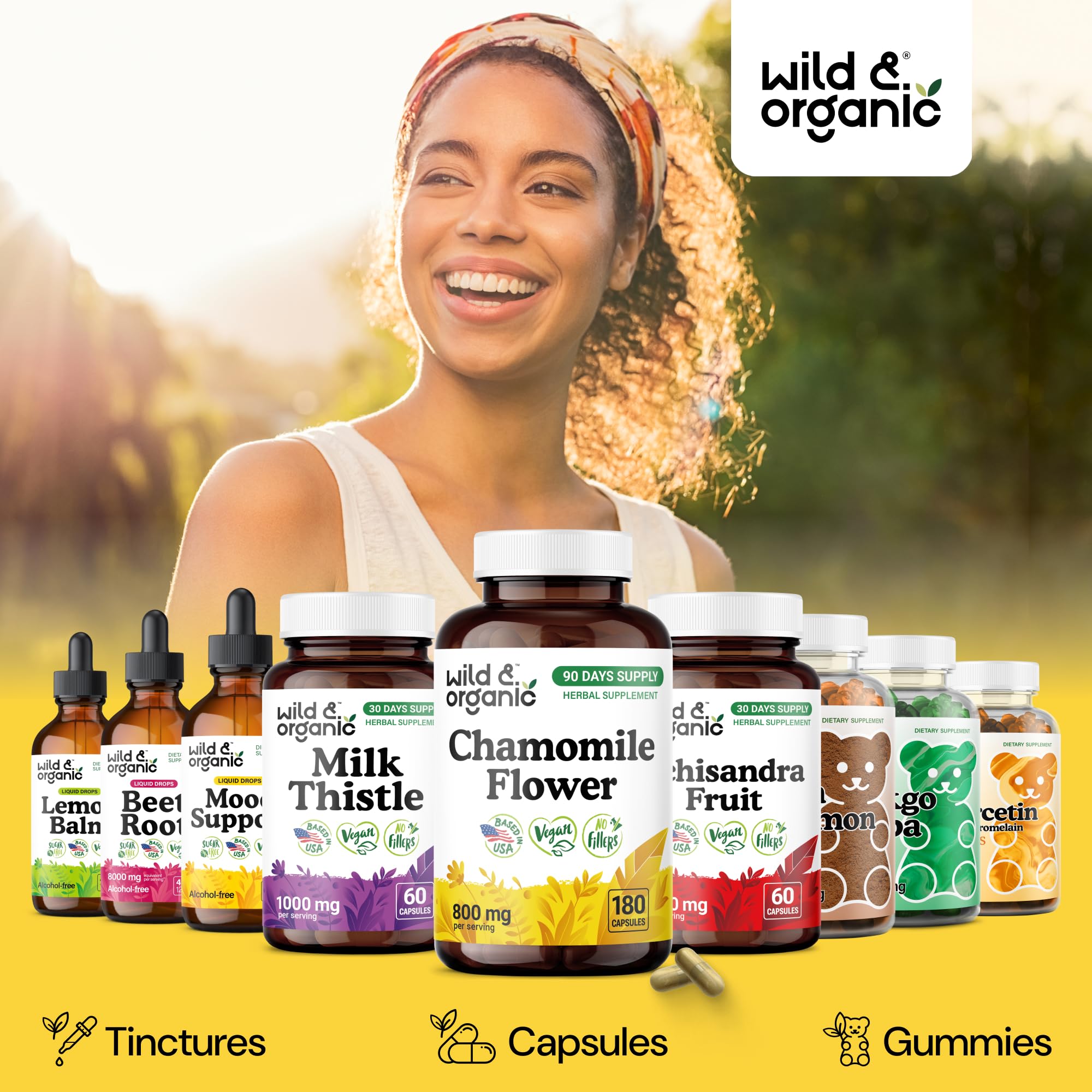 Wild & Organic Chamomile Extract Capsules vegan-packaging highlights plant-based coating.