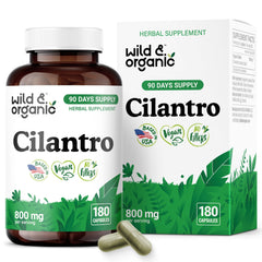 Wild & Organic cilantro capsules 800mg detox close-up, highlighting detox support
