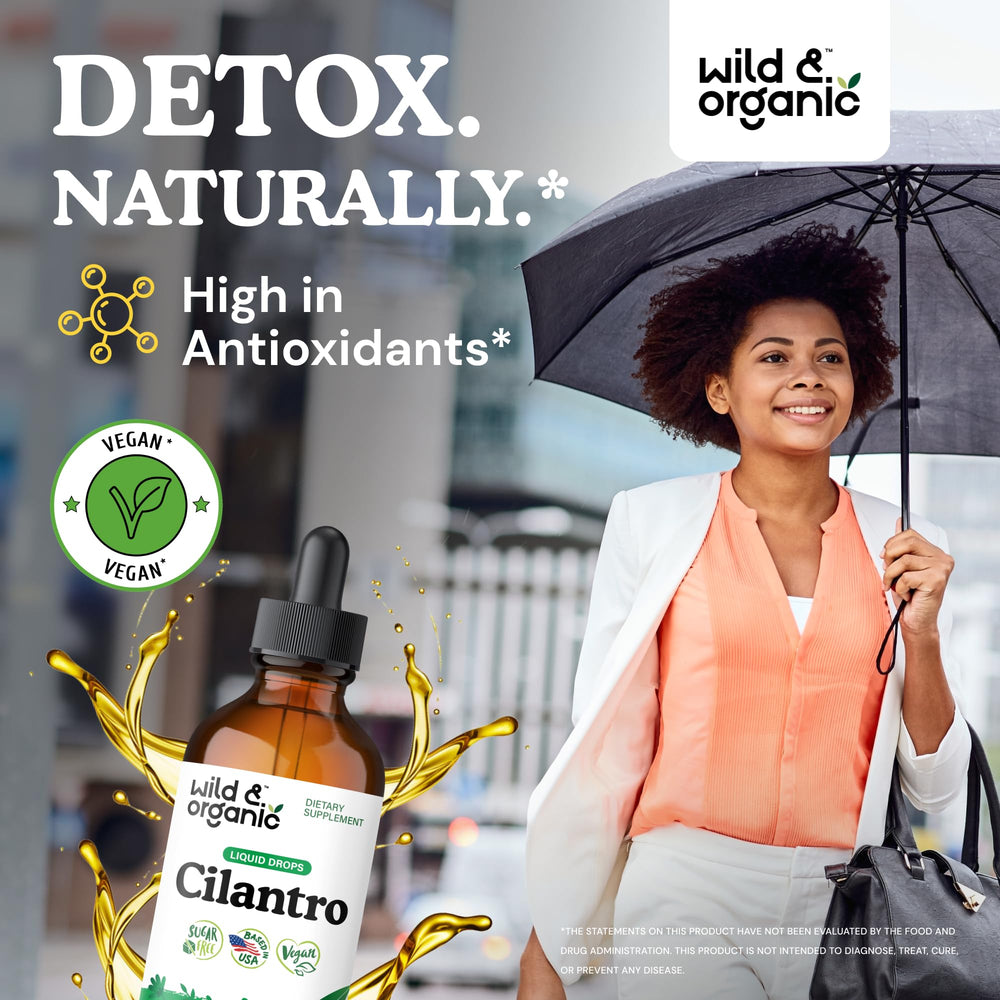 Wild & Organic cilantro tincture dropper showing simple, alcohol-free dosing