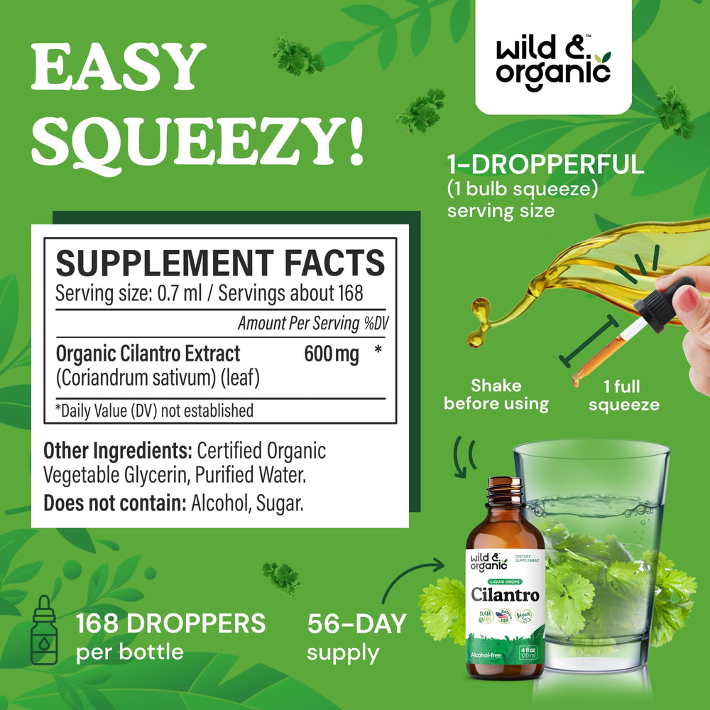 Wild & Organic cilantro tincture label closeup with vegan, GMO-free details