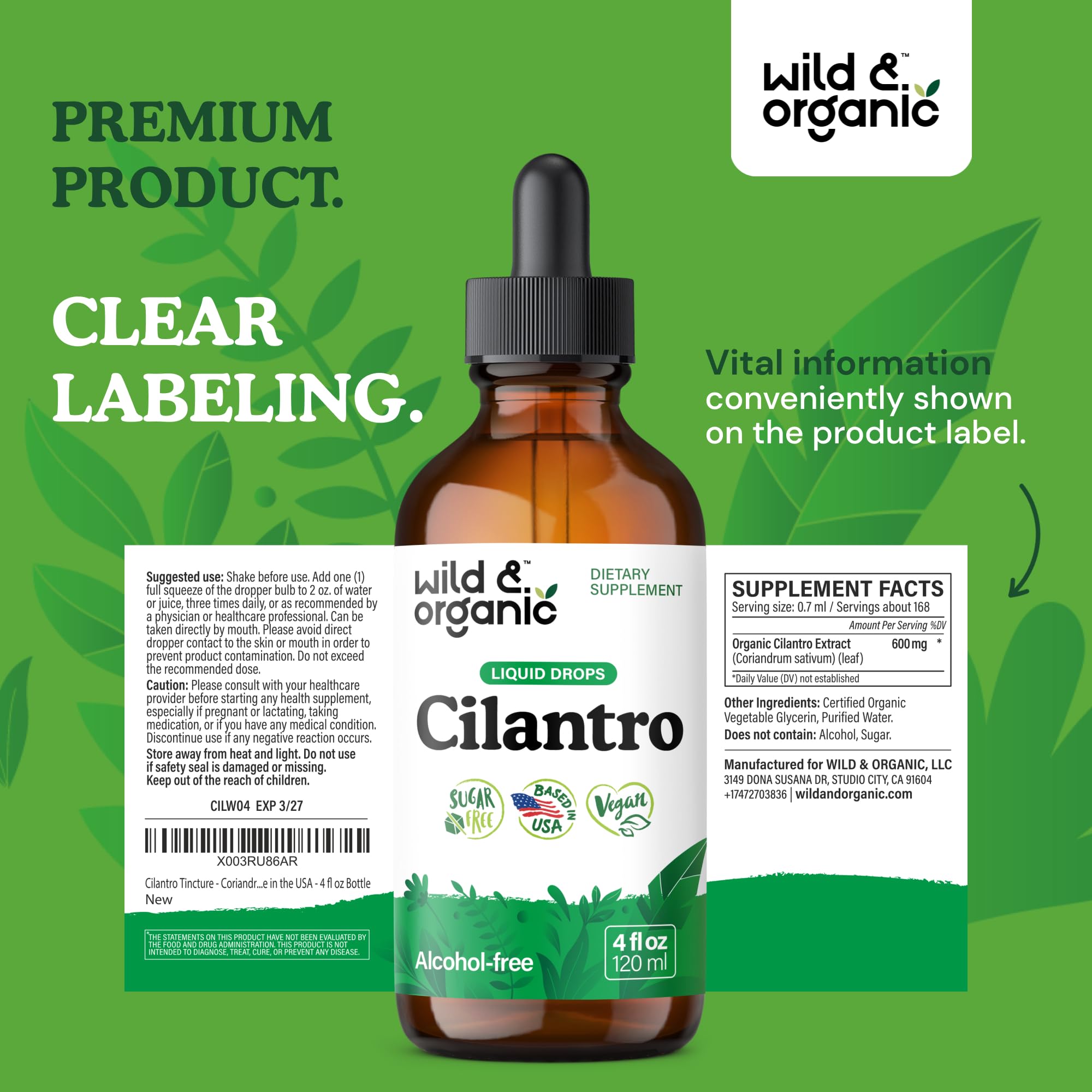 Wild & Organic cilantro tincture package box highlighting 56-day supply