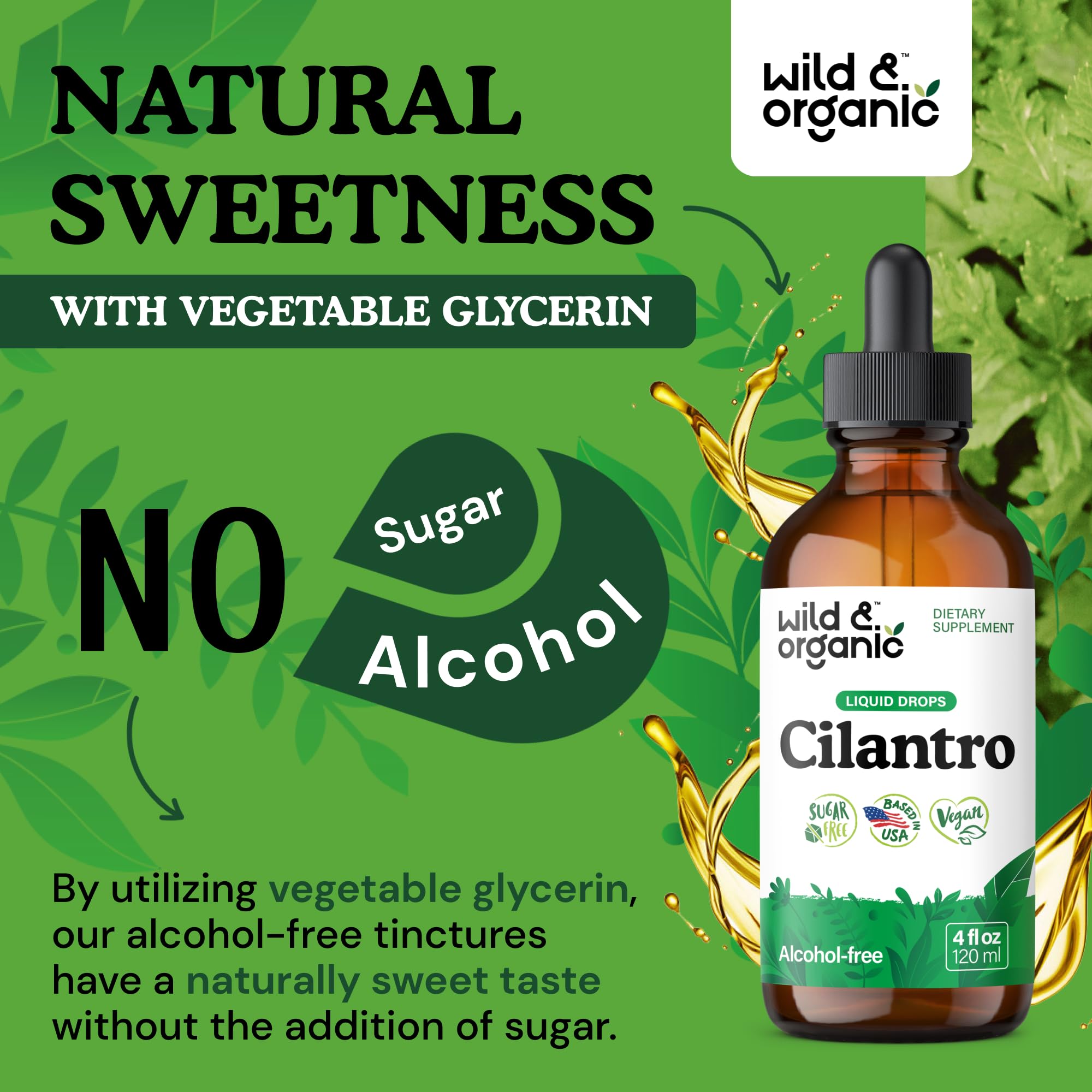 Wild & Organic cilantro tincture pour into glass for convenient dosing