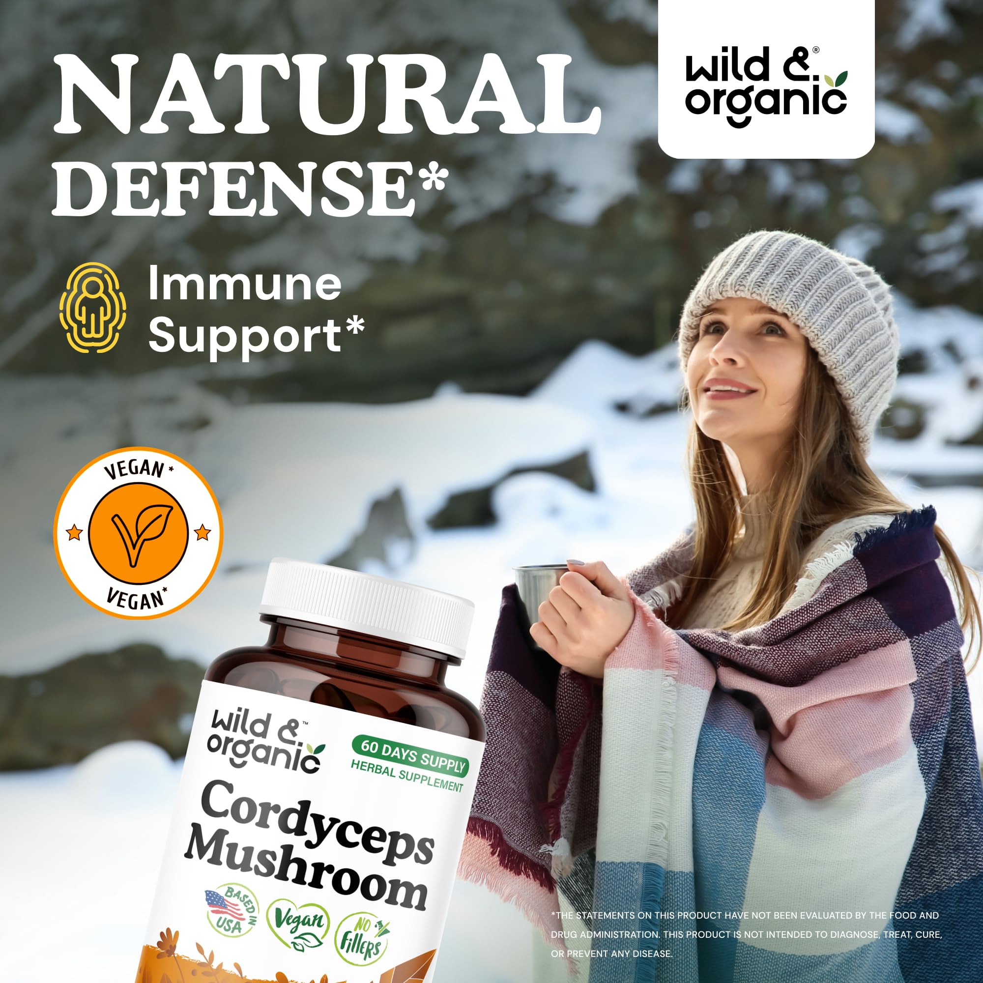 Wild & Organic Cordyceps bottle label, ideal for a vegan supplement routine.